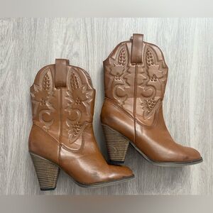 MIA Tan Ankle Booties with Western Embroidery